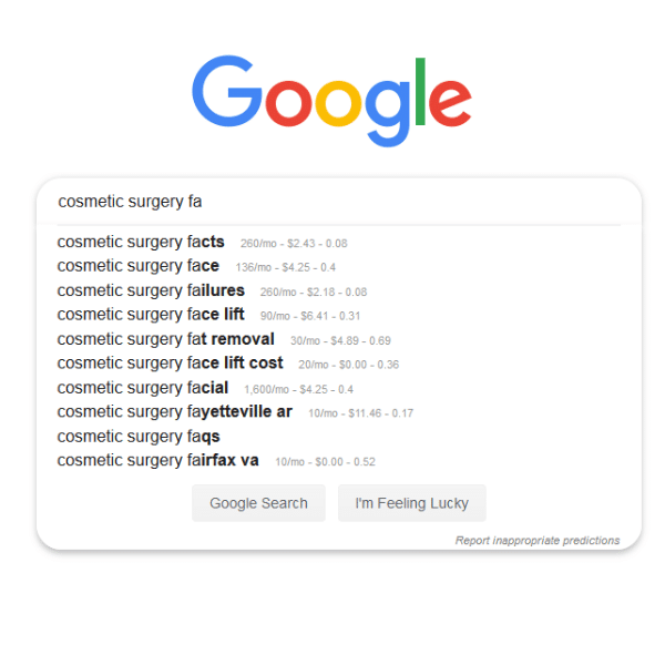 Screen shot of Google search suggestions for the phrase "cosmetic surgery facts"